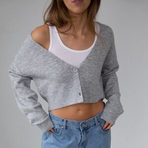 OAK + FORT CROPPED CARDIGAN Heather Light Gray Women's Cardigan Medium